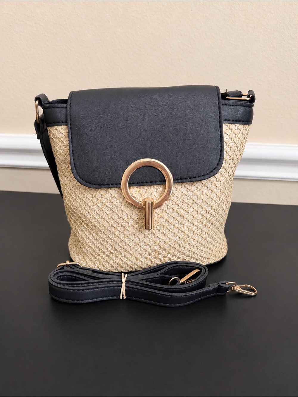 Black and Natural Straw Crossbody with Gold Ring Detail